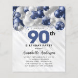 Budget Blue Silver Balloon Glitter 90th Birthday<br><div class="desc">Modern Glam Navy Blue Silver Balloon Glitter Sparkle Any Age Birthday Invitation</div>