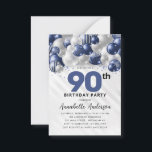 Budget Blue Silver Balloon Glitter 90th Birthday Note Card<br><div class="desc">Modern Glam Navy Blue Silver Balloon Glitter Sparkle Any Age Birthday Invitation</div>