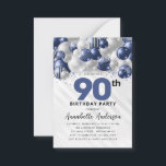 Budget Blue Silver Balloon Glitter 90th Birthday Note Card<br><div class="desc">Modern Glam Navy Blue Silver Balloon Glitter Sparkle Any Age Birthday Invitation</div>