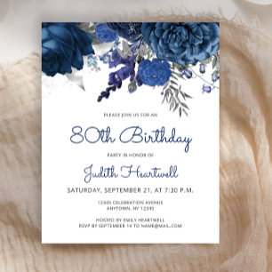 Budget Blue Silver Floral 80th Birthday Invitation