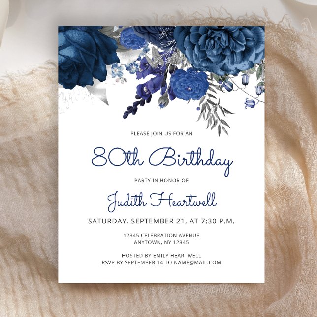 Budget Blue Silver Floral 80th Birthday Invitation (Creator Uploaded)
