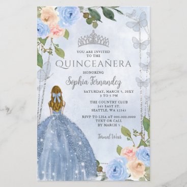 Budget Blue Silver Floral Princess Quinceañera