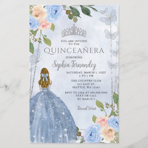 Budget Blue Silver Floral Princess Quinceaera 