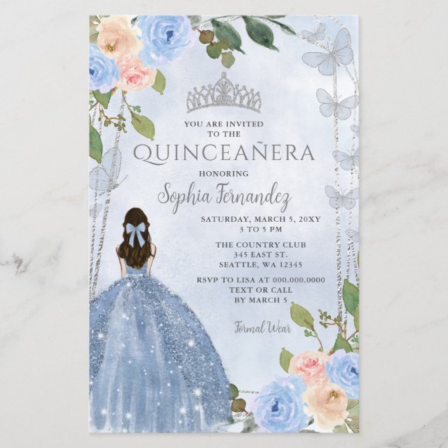 Budget Blue Silver Floral Princess Quinceañera  (Front)