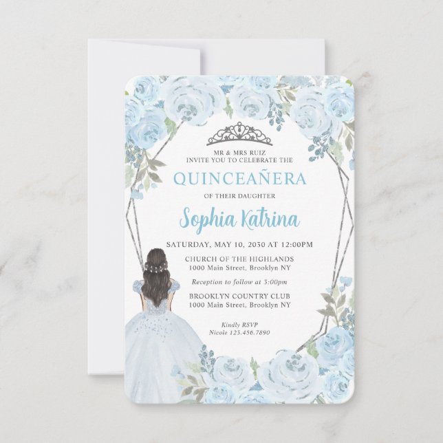 Budget Blue Silver Floral Princess Quinceañera Note Card (Front)