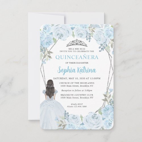 Budget Blue Silver Floral Princess Quinceaera Note Card