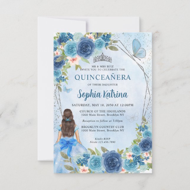 Budget Blue Silver Floral Princess Quinceañera Note Card (Front)
