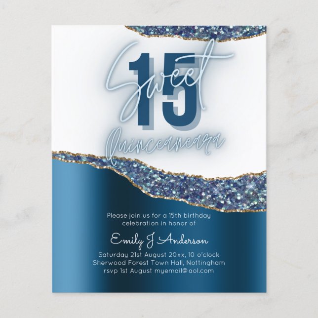 BUDGET Blue Silver Foil Glitter Quinceanera 15th F Flyer (Front)