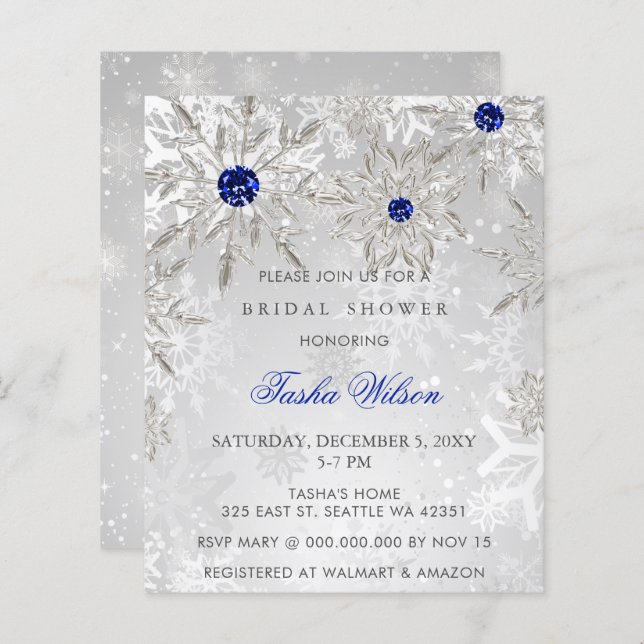 Budget Blue Snowflake Bridal Shower Invitation (Front/Back)