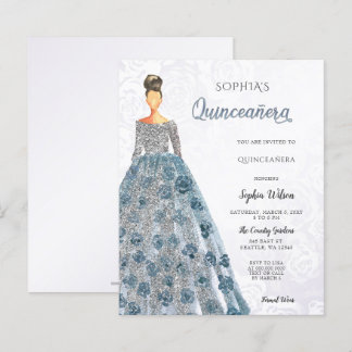 Budget Blue Sparkle Dress Quinceanera  Invitation