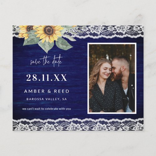 Budget Blue Sunflower  Lace Photo Save The Date Flyer