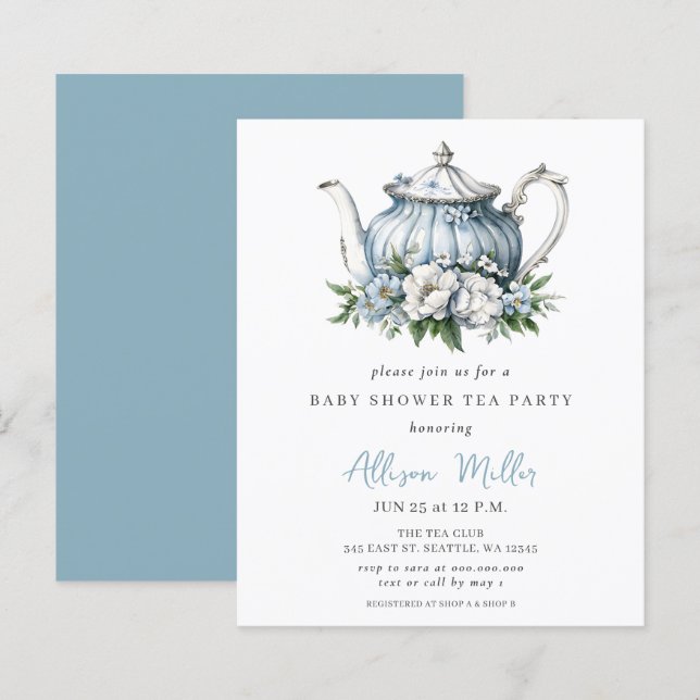 Budget Blue Tea Party Boy Baby Shower Invite (Front/Back)