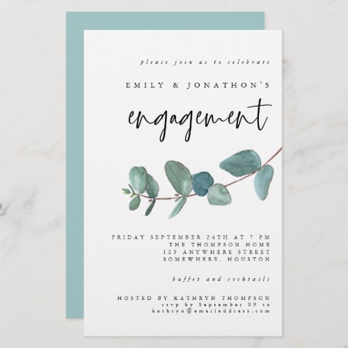 Budget Blue Teal Eucalyptus Engagement Invitation