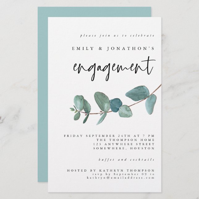 Budget Blue Teal Eucalyptus Engagement Invitation (Front/Back)