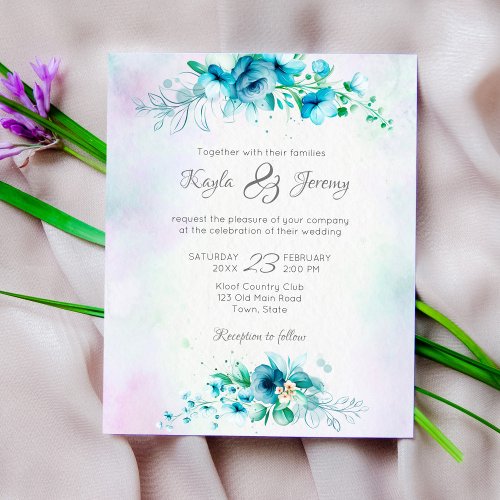 Budget Blue teal green flowers wedding invitation