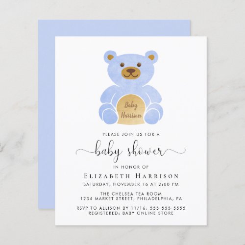 Budget Blue Teddy Bear Baby Boy Shower Invitation