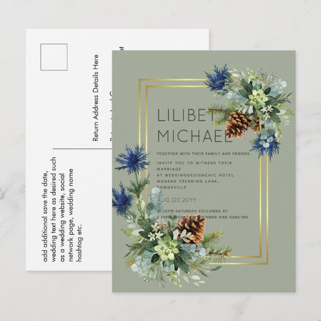 BUDGET  Blue Thistle Eucalyptus Wedding Wonderland Postcard (Front/Back)
