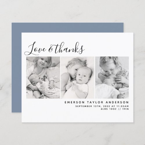 BUDGET Blue Three Photos New Baby Thank You Card