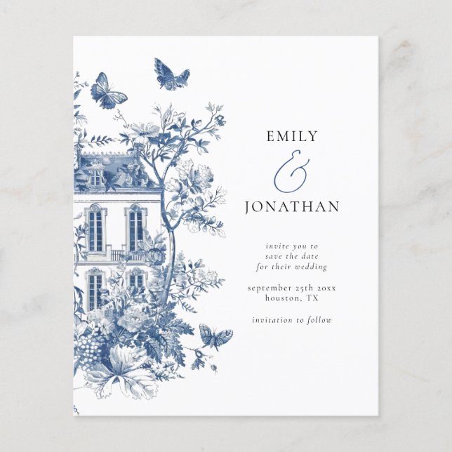 Budget Blue Toile De Jouy QR Wedding Save the Date (Front)