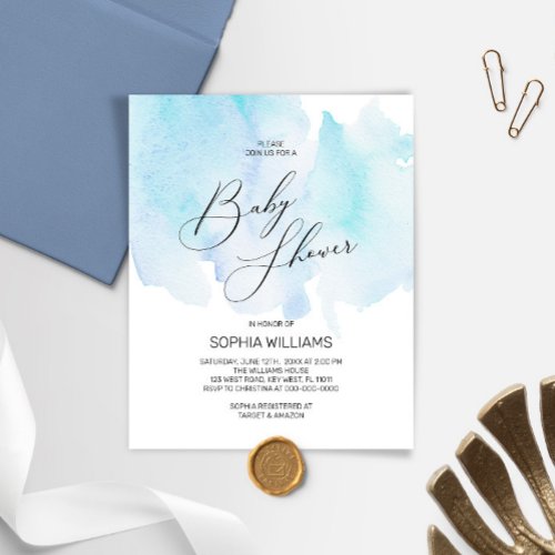 Budget Blue Watercolor Baby Shower Invitation