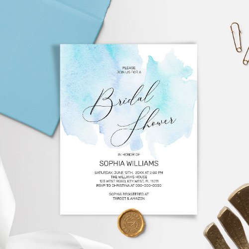 Budget Blue Watercolor Bridal Shower Invitation