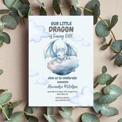 Budget Blue Watercolor Dragon Baby 1st Birthday Flyer