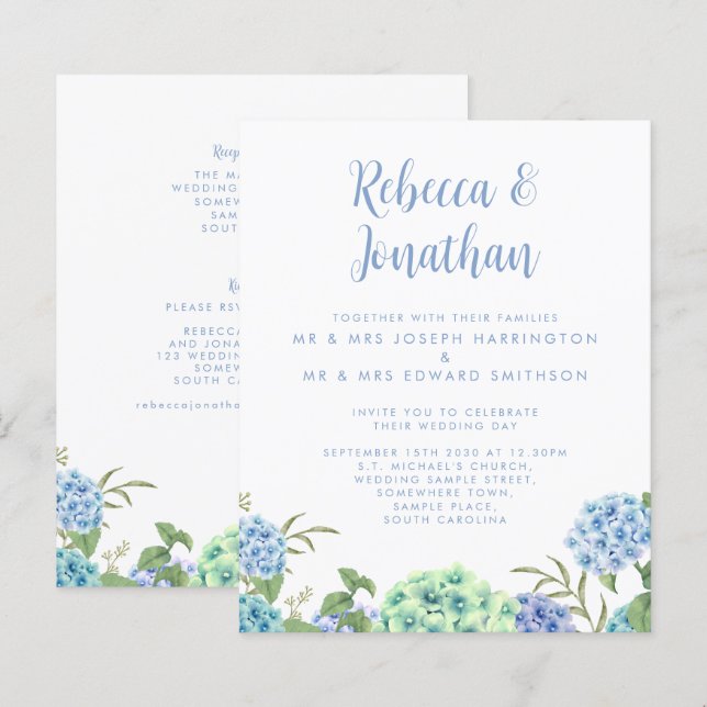 Budget Blue Watercolor Floral Wedding Invitation (Front/Back)