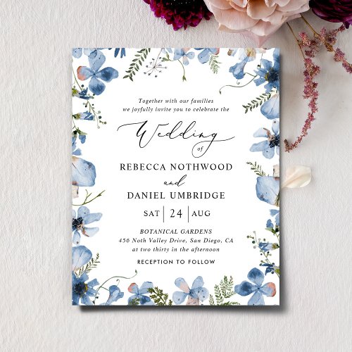 Budget Blue Watercolor Floral Wedding Invitation