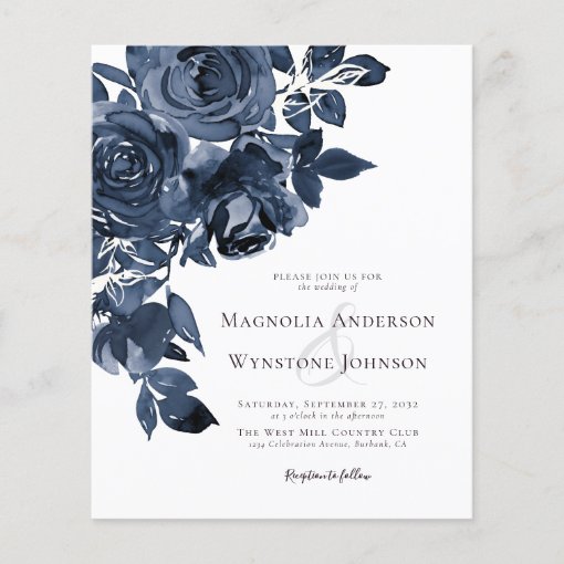 Budget Blue Watercolor Floral Wedding Invitation | Zazzle