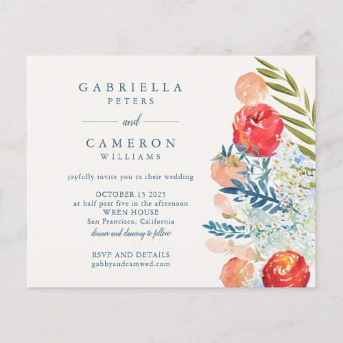 Budget Blue Watercolor Florals Boho Wedding Invite