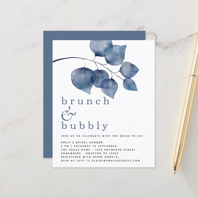 Budget Blue Watercolor Foliage Bridal Shower (Front/Back In Situ)