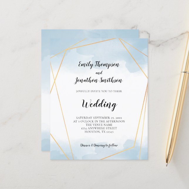 Budget Blue Watercolor Gold Geometric Wedding (Front/Back In Situ)