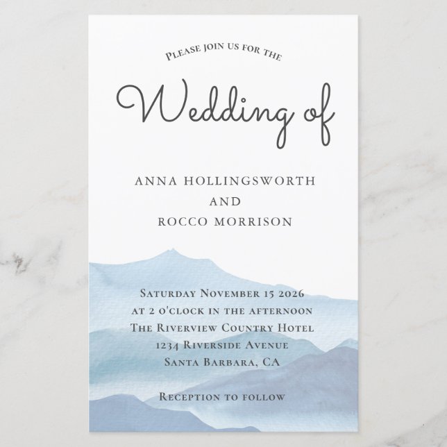 Budget Blue Watercolor Mountain Wedding Invitation (Front)