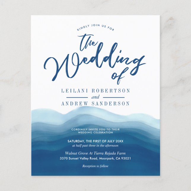 Budget Blue Watercolor Wave Wedding Invitation (Front)