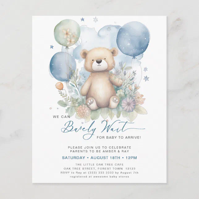 BUDGET Blue We Can Bearly Wait Boy Baby Shower Flyer | Zazzle