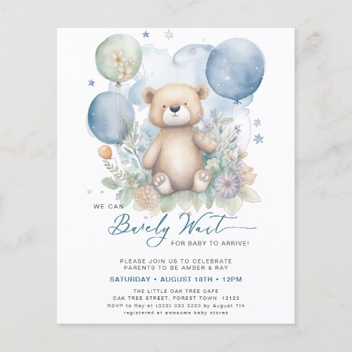 BUDGET Blue We Can Bearly Wait Boy Baby Shower Flyer