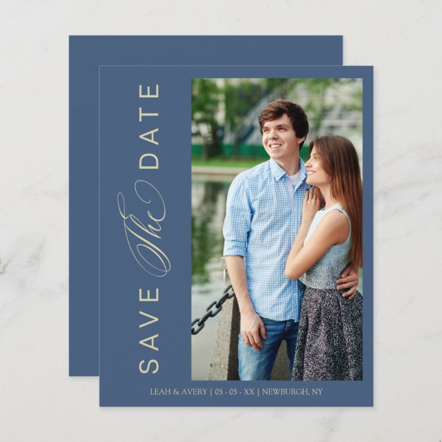 Budget Blue Wedding Photo Wimshical Script  (Front/Back)