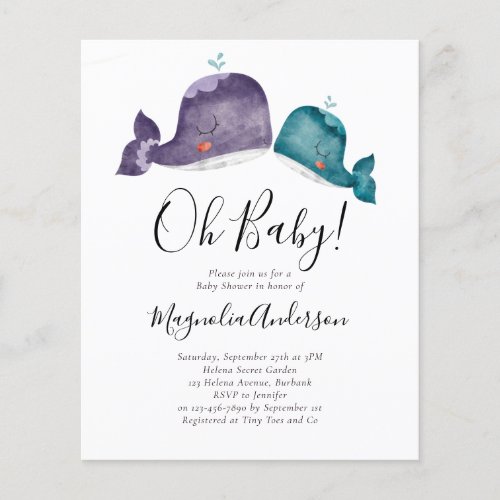 BUDGET Blue Whale Oh Baby Shower Invitation