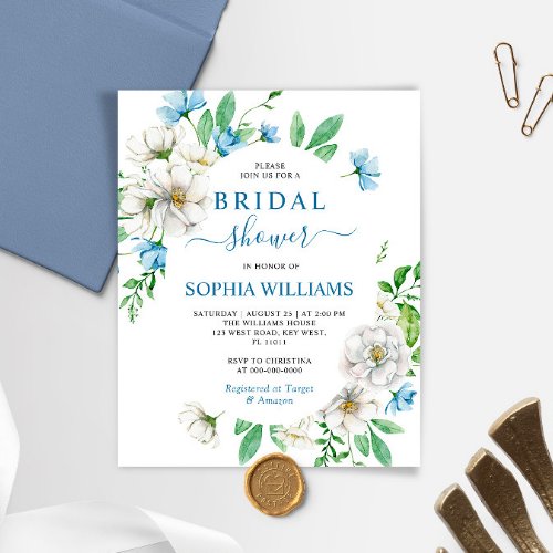 Budget Blue  White Bridal Shower Invitation