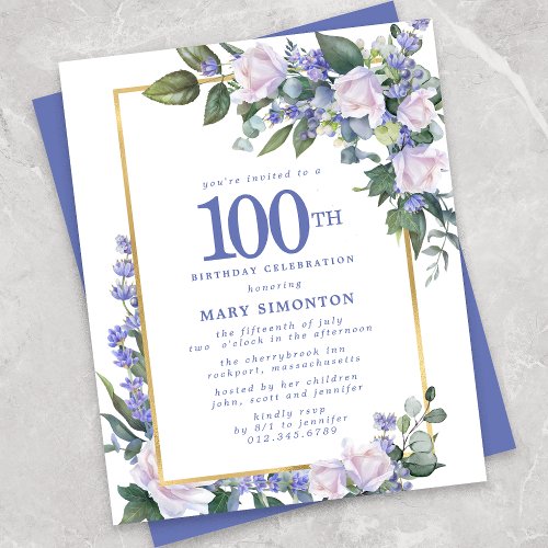 Budget Blue White Floral 100th Birthday Invitation