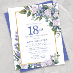 Budget Blue White Floral 18th Birthday Invitation<br><div class="desc">Pretty watercolor white roses and blue flowers are nestled in dark green leaves on a gold frame.</div>