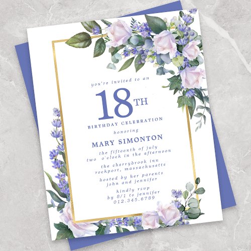 Budget Blue White Floral 18th Birthday Invitation