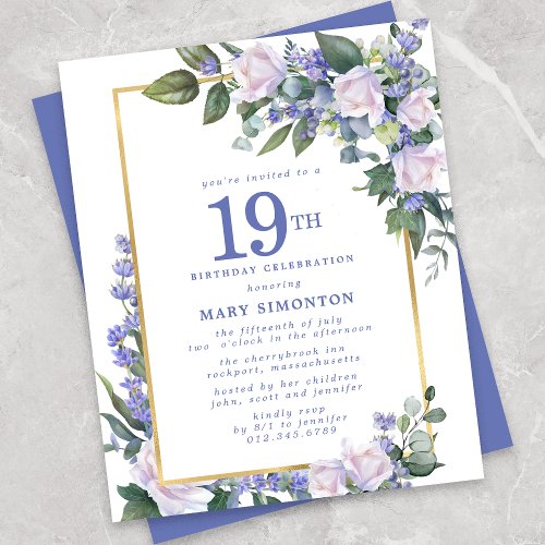Budget Blue White Floral 19th Birthday Invitation