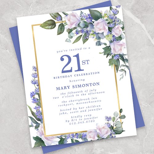 Budget Blue White Floral 21st Birthday Invitation