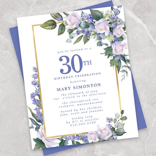 Budget Blue White Floral 30th Birthday Invitation