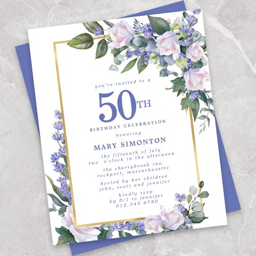 Budget Blue White Floral 50th Birthday Invitation