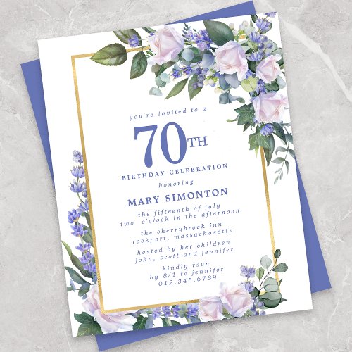 Budget Blue White Floral 70th Birthday Invitation