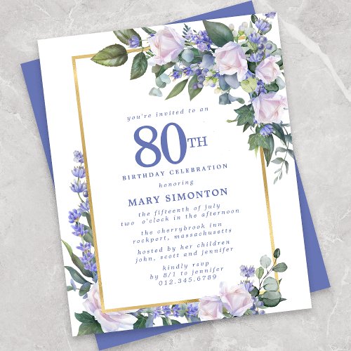 Budget Blue White Floral 80th Birthday Invitation