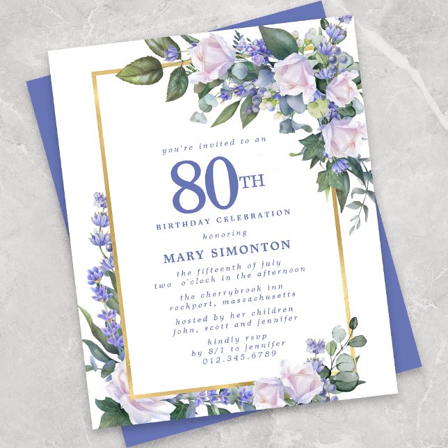 Budget Blue White Floral 80th Birthday Invitation (Creator Uploaded)