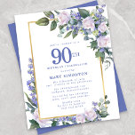 Budget Blue White Floral 90th Birthday Invitation<br><div class="desc">Pretty watercolor white roses and blue flowers are nestled in dark green leaves on a gold frame.</div>